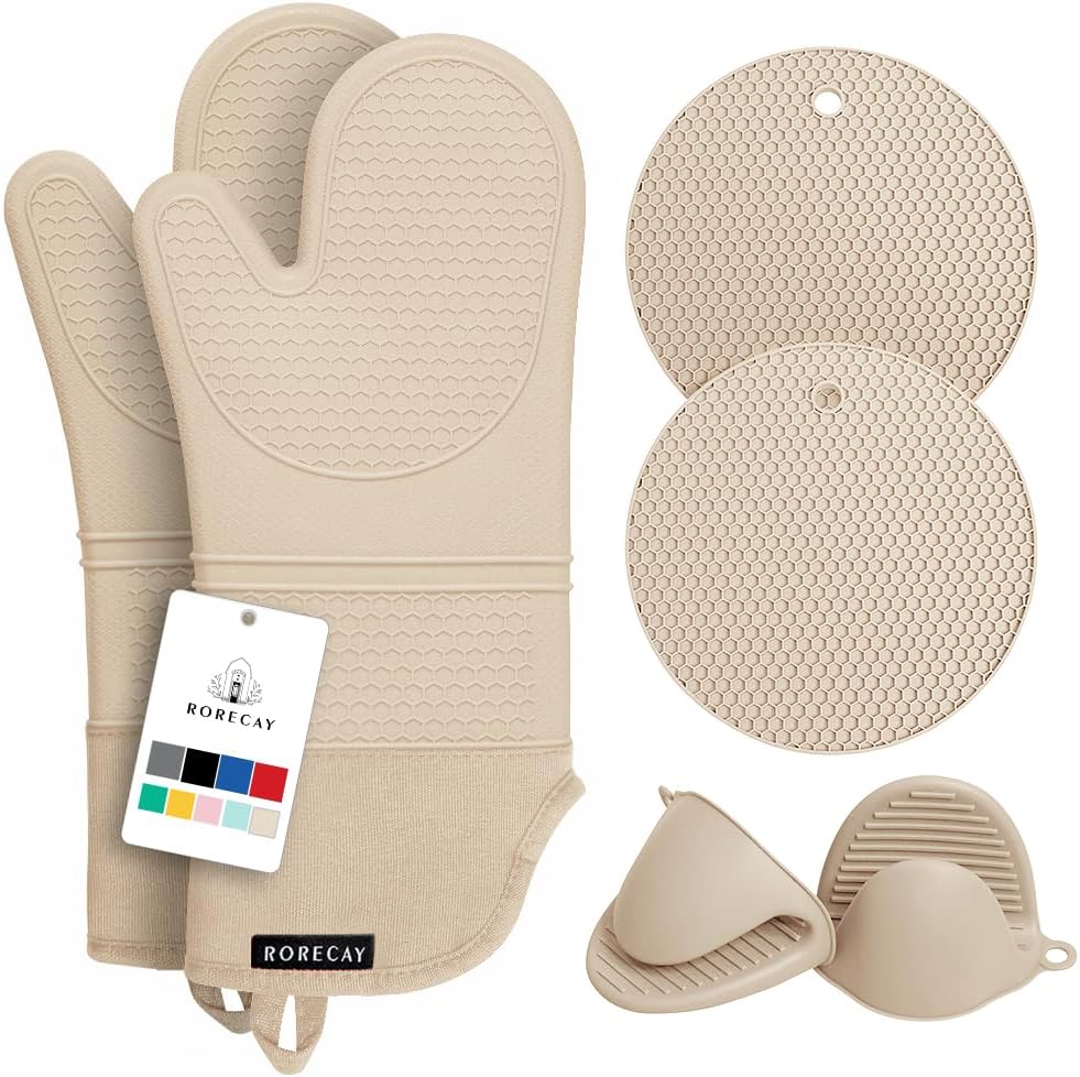 RORECAY Silicone Oven Mitts and Pot Holders Sets, Gloves for Kitchen, Beige