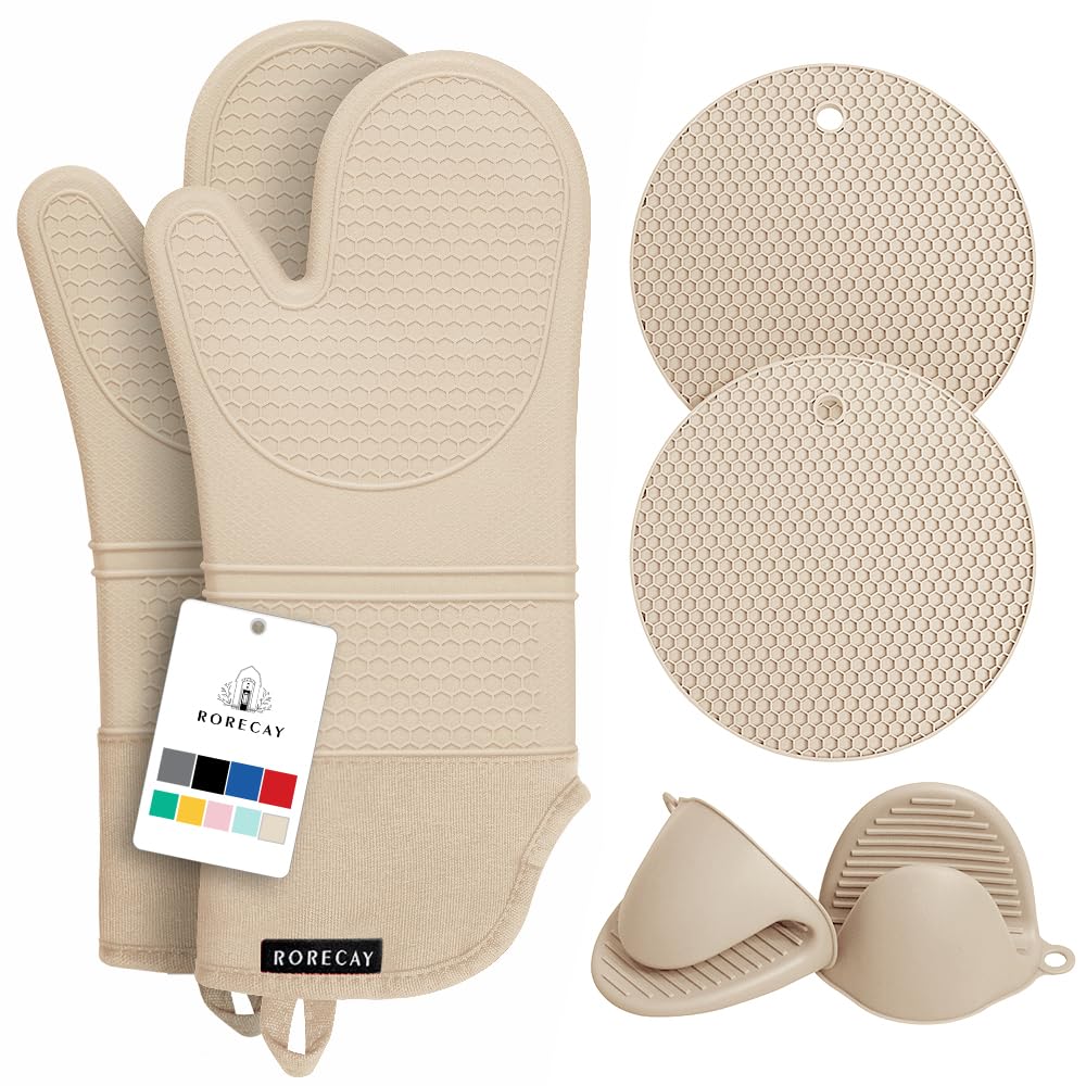 RORECAY Silicone Oven Mitts and Pot Holders Sets, Gloves for Kitchen, Beige