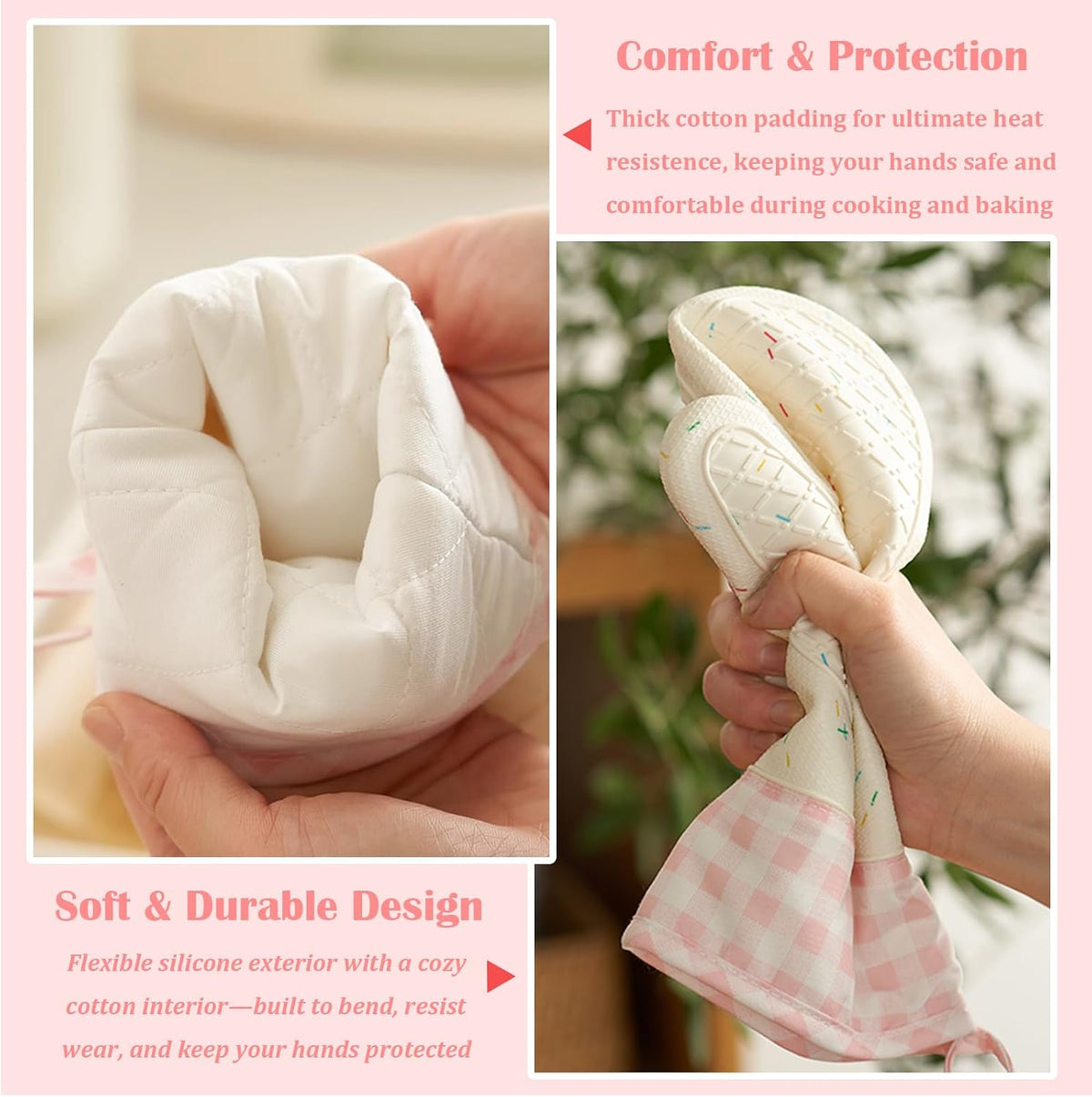 Wanheart Heat Resistant Silicone Oven Mitts, Pink Cooking Gloves, 2 Pack