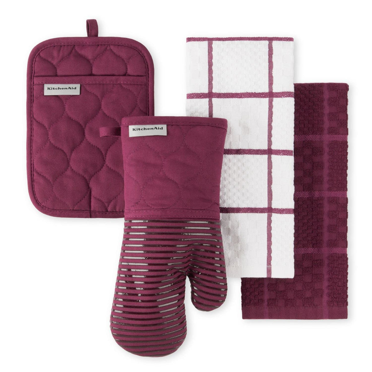 KITCHENAID Quilted Cotton Terry Cloth Oven Mitt, Pot Holder, Kitchen Towel 4-Pack Set, Heat Resistant, Silicone Grip, 16"x26", 7"x13" & 7"x10", Milkshake Tan