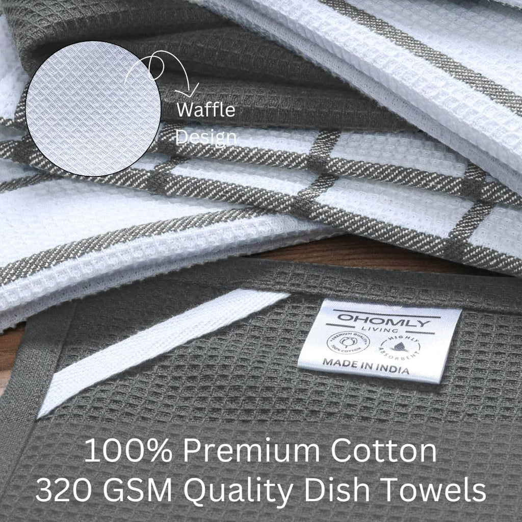 Assorted Waffle Kitchen Towels 100% Cotton Set of 6 - Heavy Duty 320 GSM Quality Dish Cloths Towel - Soft Absorbent Washable for Kitchen Use - Quick Drying Dish Towel 16x26 inch Grey