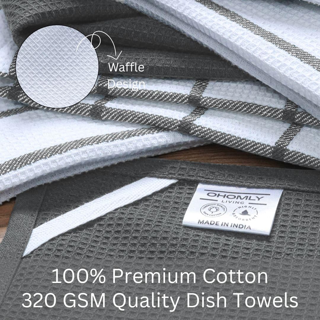 Assorted Waffle Kitchen Towels 100% Cotton Set of 6 - Heavy Duty 320 GSM Quality Dish Cloths Towel - Soft Absorbent Washable for Kitchen Use - Quick Drying Dish Towel 16x26 inch Grey
