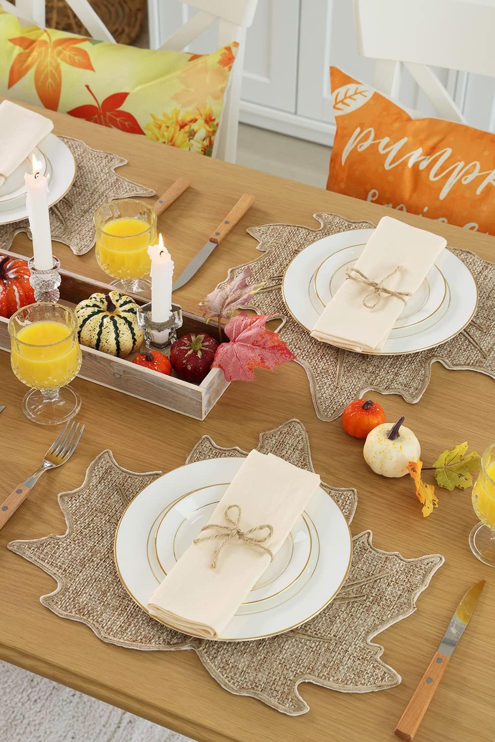 Feuille Fall Placemats Set of 4 – Leaf Placemats for Thanksgiving Harvest Natural Color Burlap, Polyester Autumn Placemats for Fall Decorations