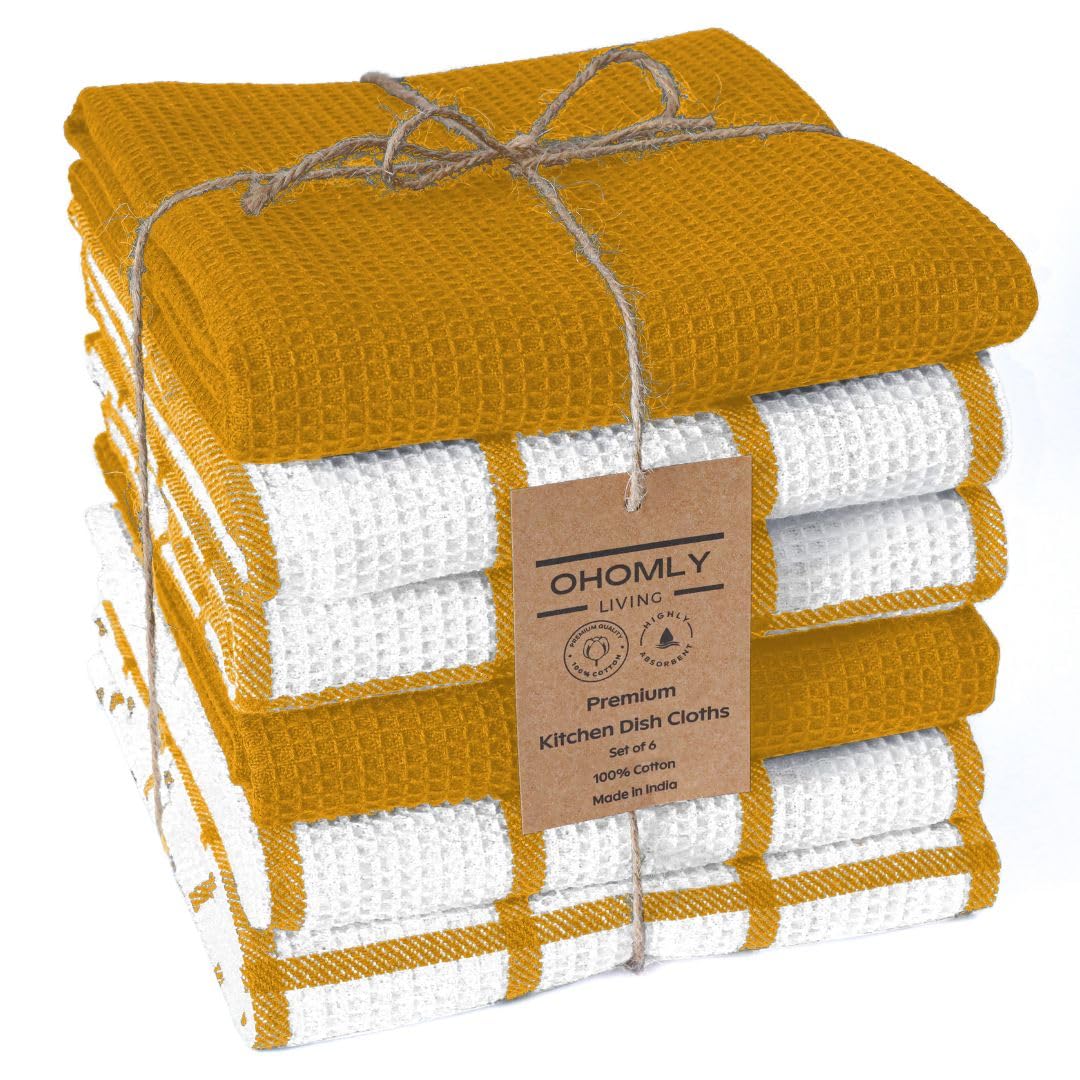 Assorted Waffle Kitchen Towels 100% Cotton Set of 6 - Heavy Duty 320 GSM Quality Dish Cloths Towel - Soft Absorbent Washable for Kitchen Use - Quick Drying Dish Towel 16x26 inch Grey