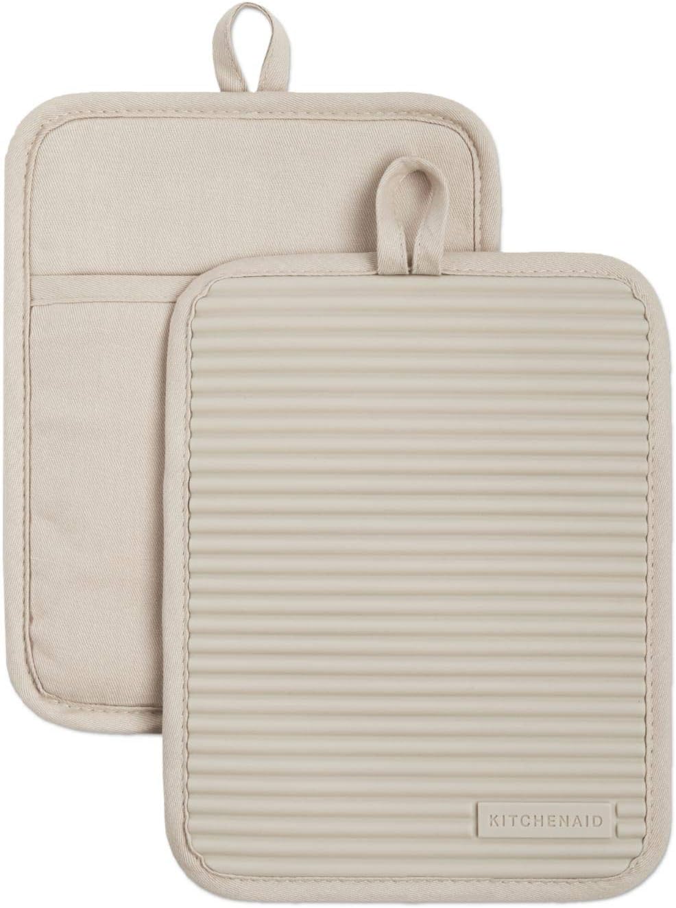 KitchenAid Ribbed Soft Silicone Oven Mitt and Pot Holder Set, Milkshake, 7"x13" Mitts + 7"x9" Holders