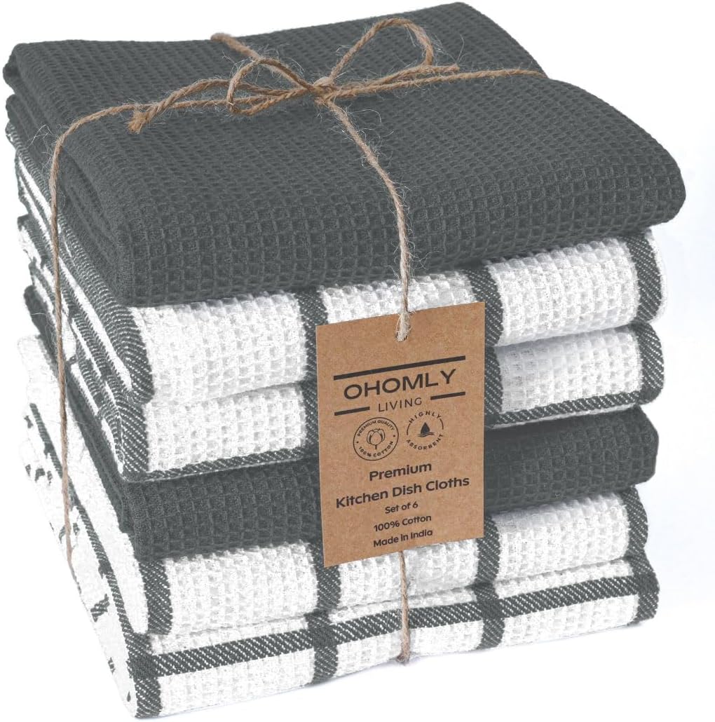Assorted Waffle Kitchen Towels 100% Cotton Set of 6 - Heavy Duty 320 GSM Quality Dish Cloths Towel - Soft Absorbent Washable for Kitchen Use - Quick Drying Dish Towel 16x26 inch Grey