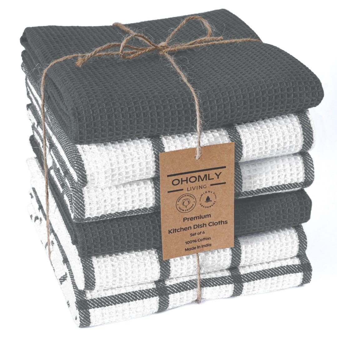 Assorted Waffle Kitchen Towels 100% Cotton Set of 6 - Heavy Duty 320 GSM Quality Dish Cloths Towel - Soft Absorbent Washable for Kitchen Use - Quick Drying Dish Towel 16x26 inch Grey