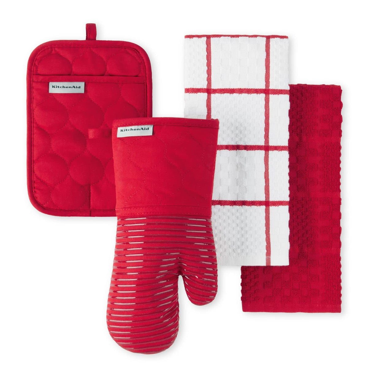 KITCHENAID Quilted Cotton Terry Cloth Oven Mitt, Pot Holder, Kitchen Towel 4-Pack Set, Heat Resistant, Silicone Grip, 16"x26", 7"x13" & 7"x10", Milkshake Tan
