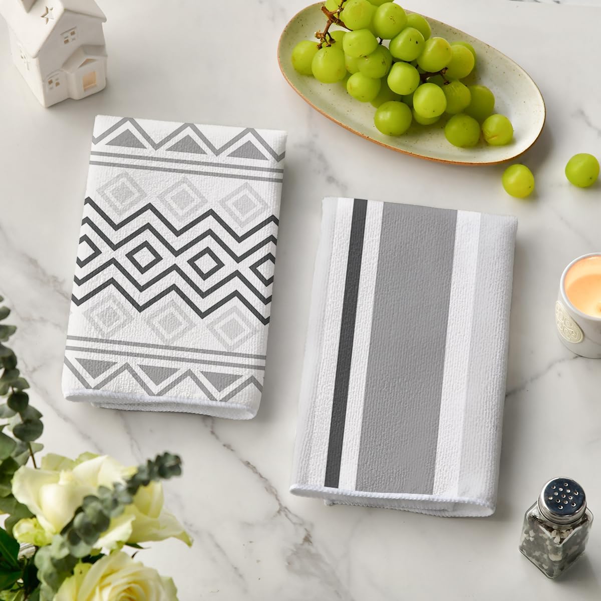 Artoid Mode Grey Home Sweet Home Stripes Boho Spring Kitchen Towels Dish Towels, 18x26 Inch Farmhouse Summer Decoration Hand Towels Set of 4