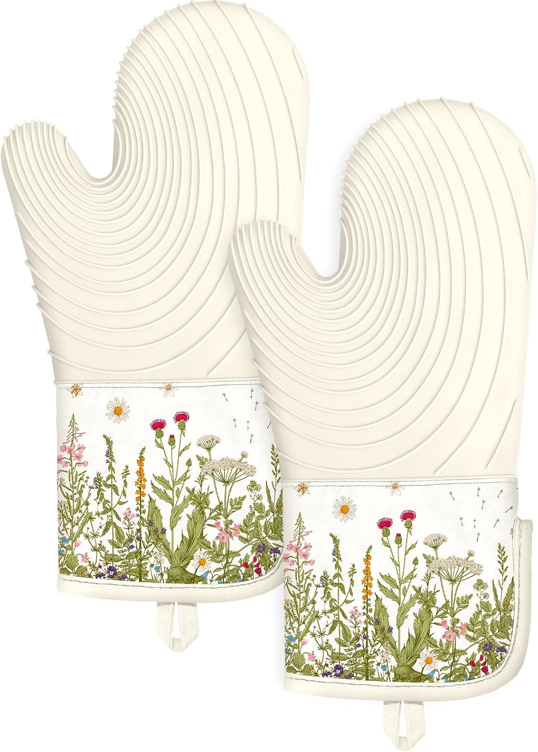 Slohif Long Silicone Oven Mitts Heat Resistant for Women - 2 Pcs Flowers 100% Cotton Oven Gloves, Non-Slip and Waterproof Silicone Oven Mitts with Hanger for Baking and Cooking