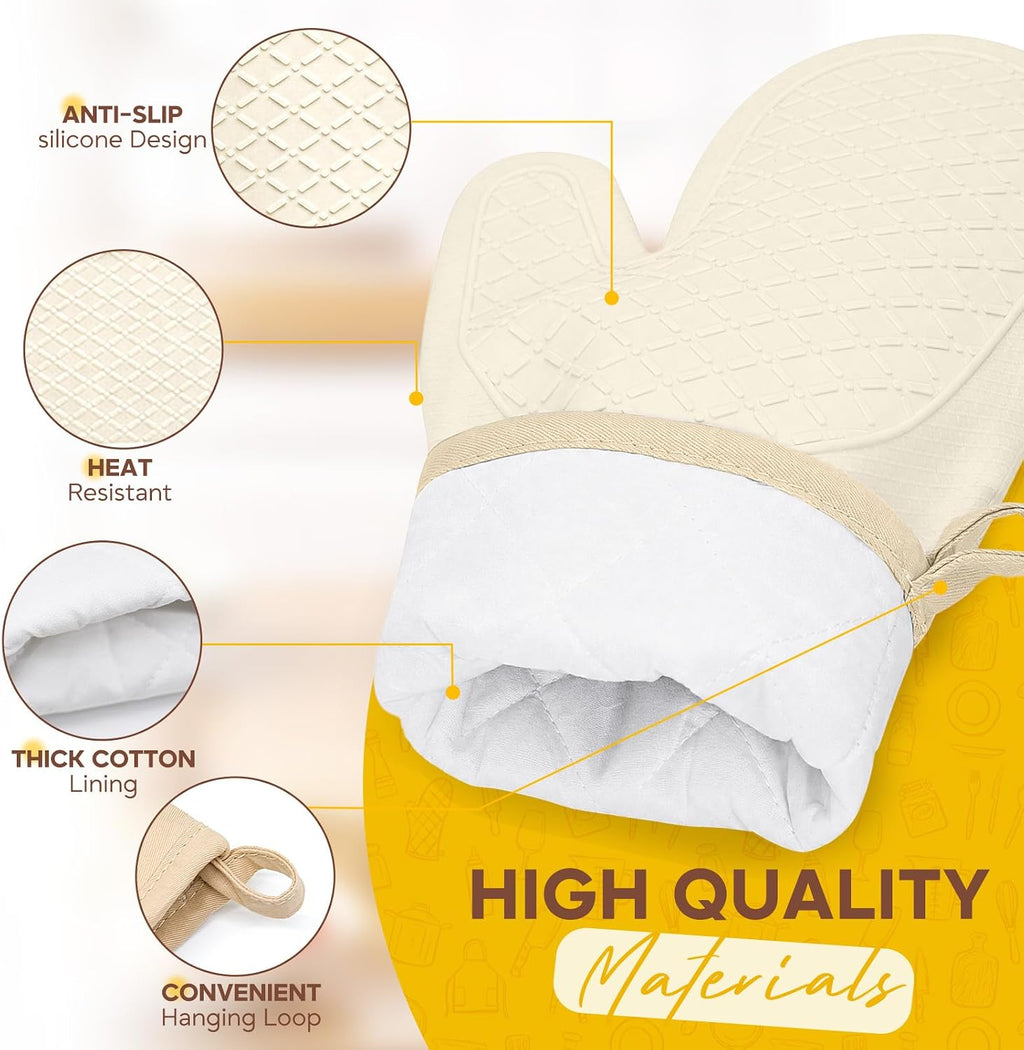Silicone Oven Mitts 2 PCS, Heat Resistant Non-Slip Cotton Lining for Baking