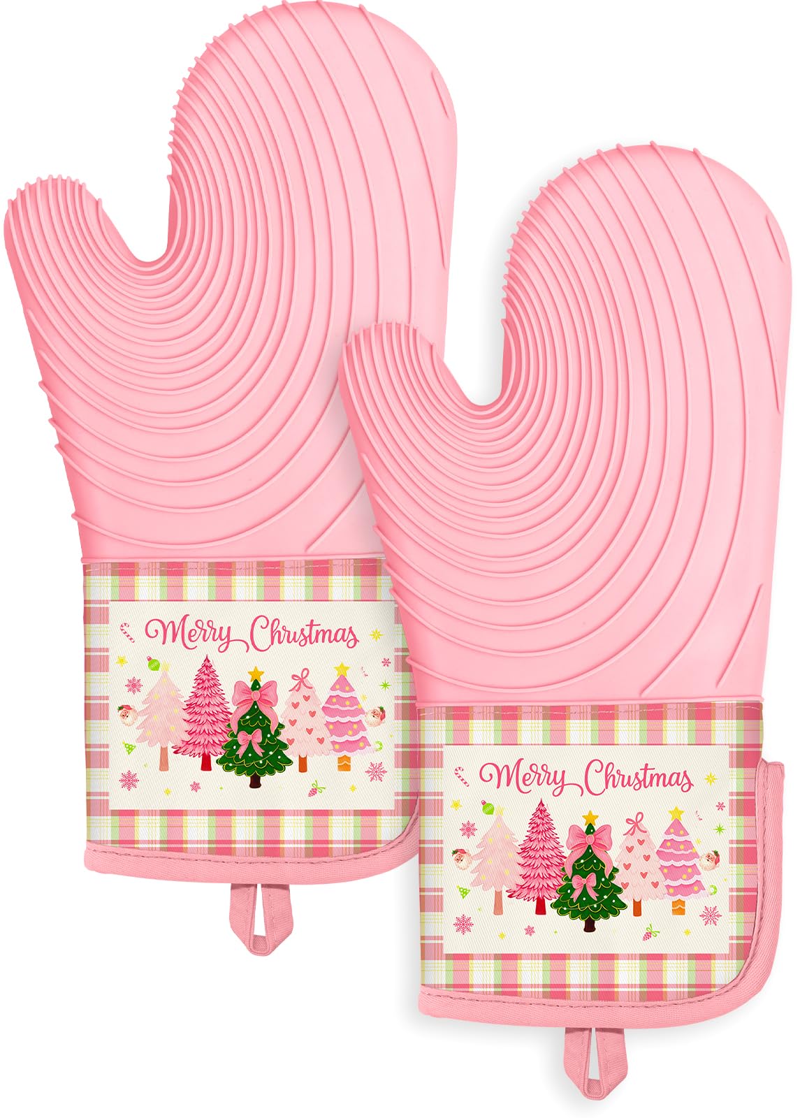 Slohif Long Silicone Oven Mitts Heat Resistant for Women - 2 Pcs Flowers 100% Cotton Oven Gloves, Non-Slip and Waterproof Silicone Oven Mitts with Hanger for Baking and Cooking