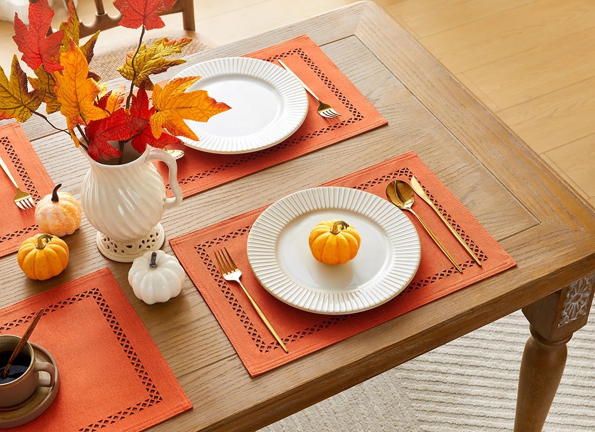 Orange Burlap Place Mats, Fall Placemats Set of 4, 12 x 18 Inch