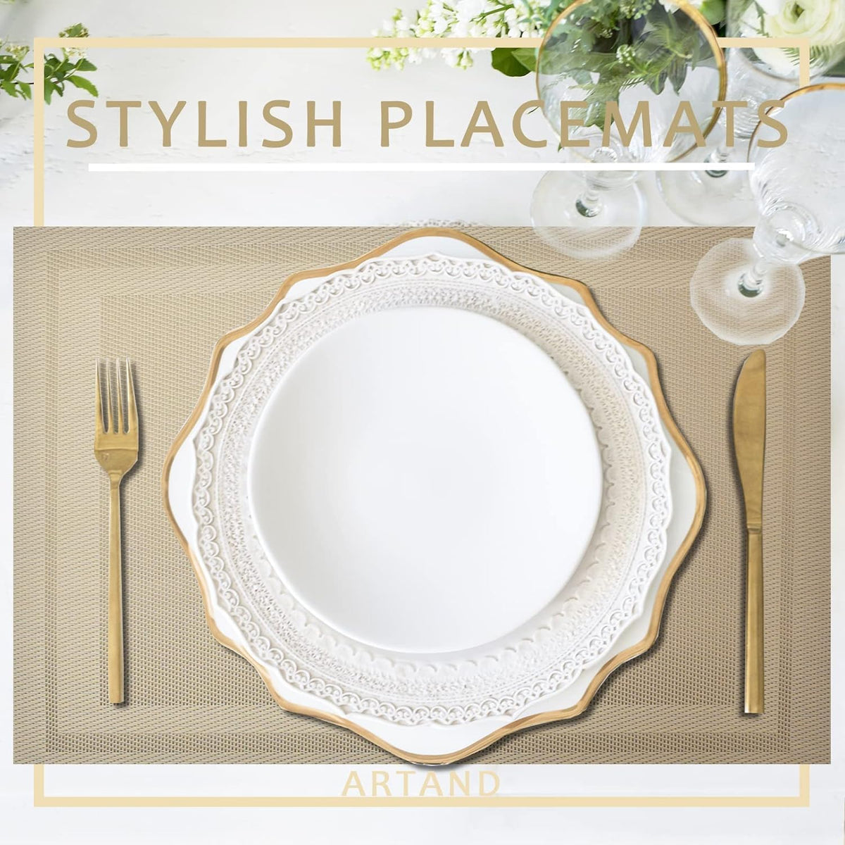 DACHUI Placemats Set of 6, Linen Look Woven Place Mats (Beige)
