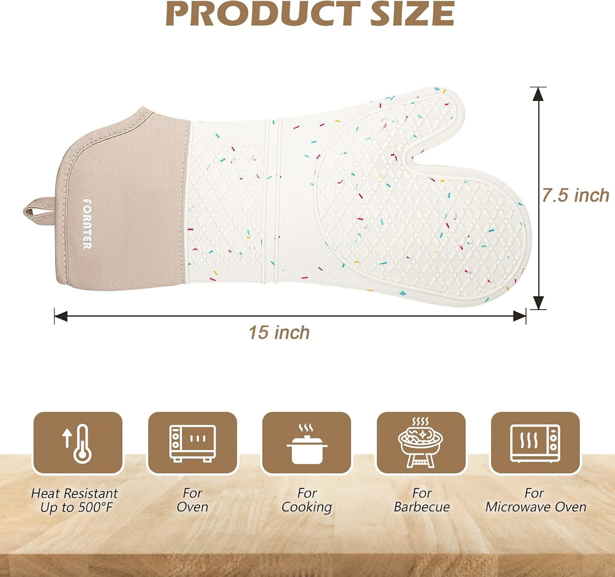 Extra Long Silicone Oven Mitts - Heat Resistant up to 500°F, 15'' Waterproof and Non-Slip Oven Gloves with Soft Quilted Liner - Perfect for BBQ, Cooking, Baking, and Grilling - 1 Pair, White