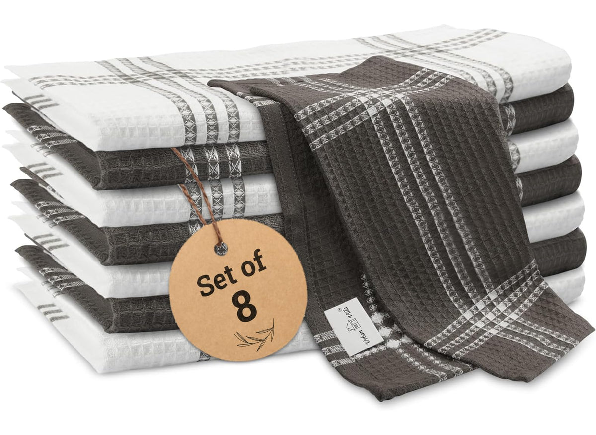 Urban Villa Kitchen Towels Cotton Dish Towels 12”x12” (Set of 8) Grey White