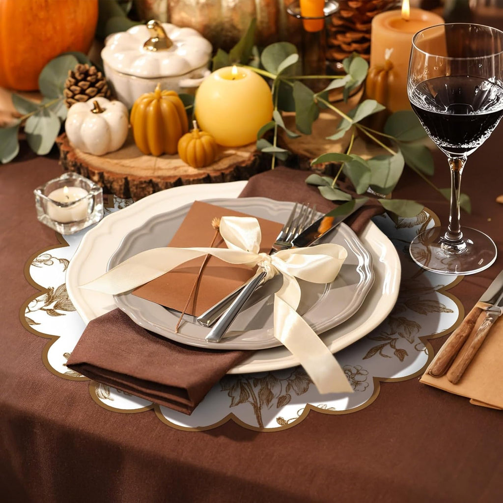 100 Pcs Fall Floral Paper Placemats 13.5 Inches Scalloped Brown Floral Paper Placemats Disposable Autumn Wildflower Place Mats for Wedding Bridal Baby Shower Thanksgiving Harvest Party Supplies