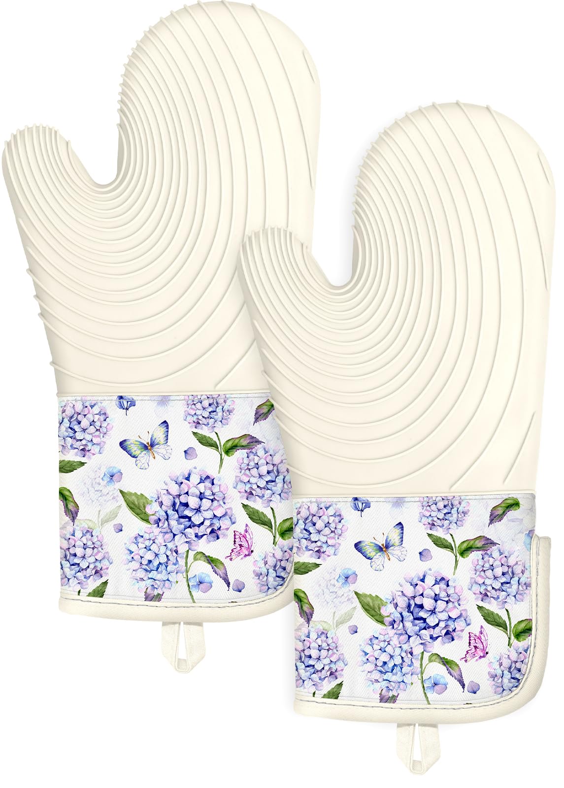Slohif Long Silicone Oven Mitts Heat Resistant for Women - 2 Pcs Flowers 100% Cotton Oven Gloves, Non-Slip and Waterproof Silicone Oven Mitts with Hanger for Baking and Cooking
