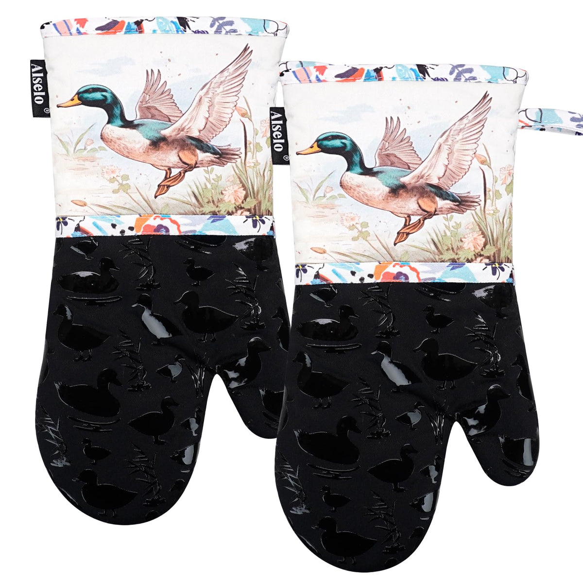 Alselo Oven Mitts 1 Pair, Silicone Printed Kitchen Mittens,7"x13.5"