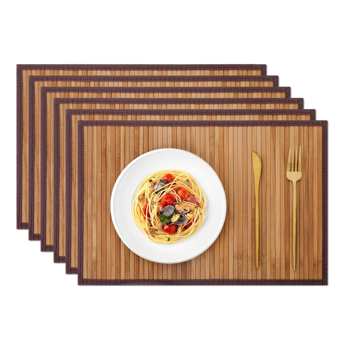Bamboo Placemats Set of 4 with Fabric Border, Table Mats, Coffee