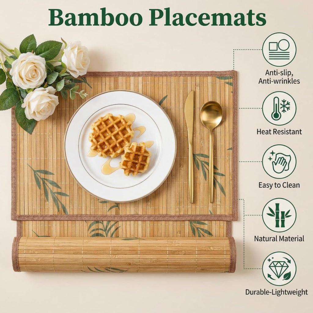 Eorbow 8 Pack Bamboo Placemats, 18 x 12 Inch Anti-Slip Table Mats, Heat Resistant Place Mats, Japanese Style Washable Placemats for Dining Room, Kitchen, Restaurant