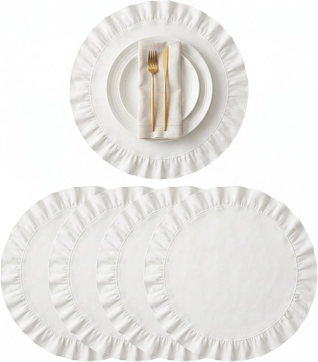Round Ruffled Linen Blend Placemats, 15 Inch Scalloped Table Mats, Set of 4