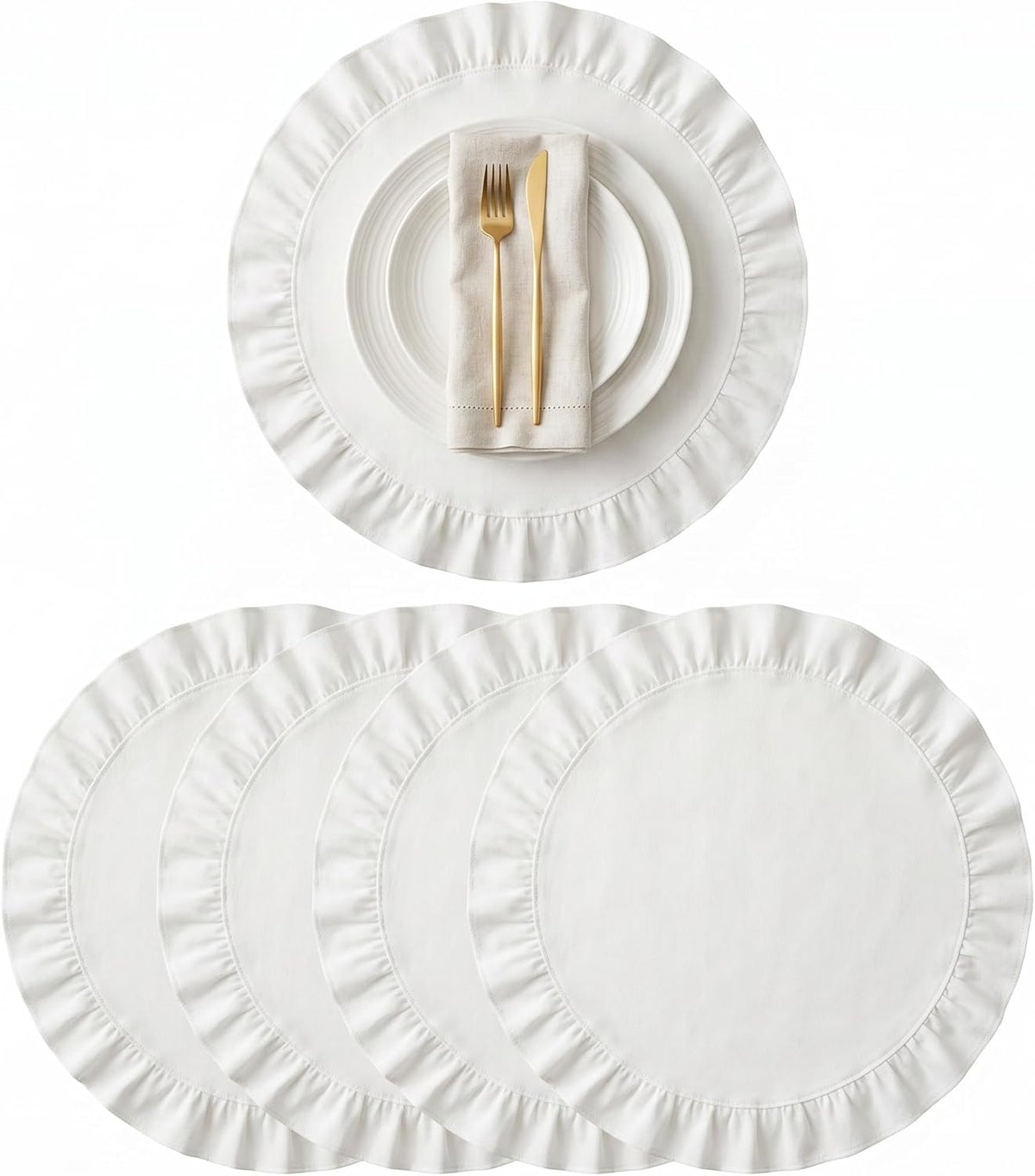 Round Ruffled Linen Blend Placemats, 15 Inch Scalloped Table Mats, Set of 4