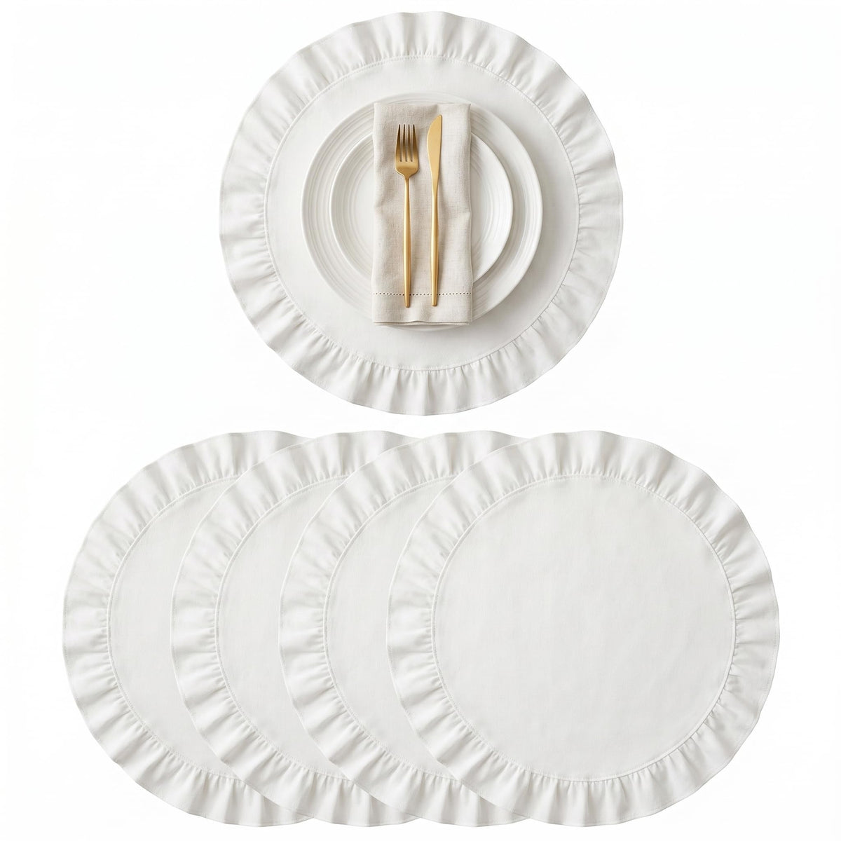 Round Ruffled Linen Blend Placemats, 15 Inch Scalloped Table Mats, Set of 4