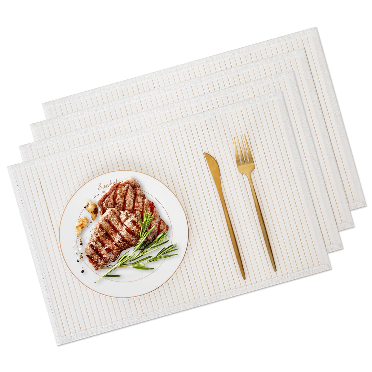 Bamboo Placemats Set of 4 with Fabric Border, Table Mats, Coffee