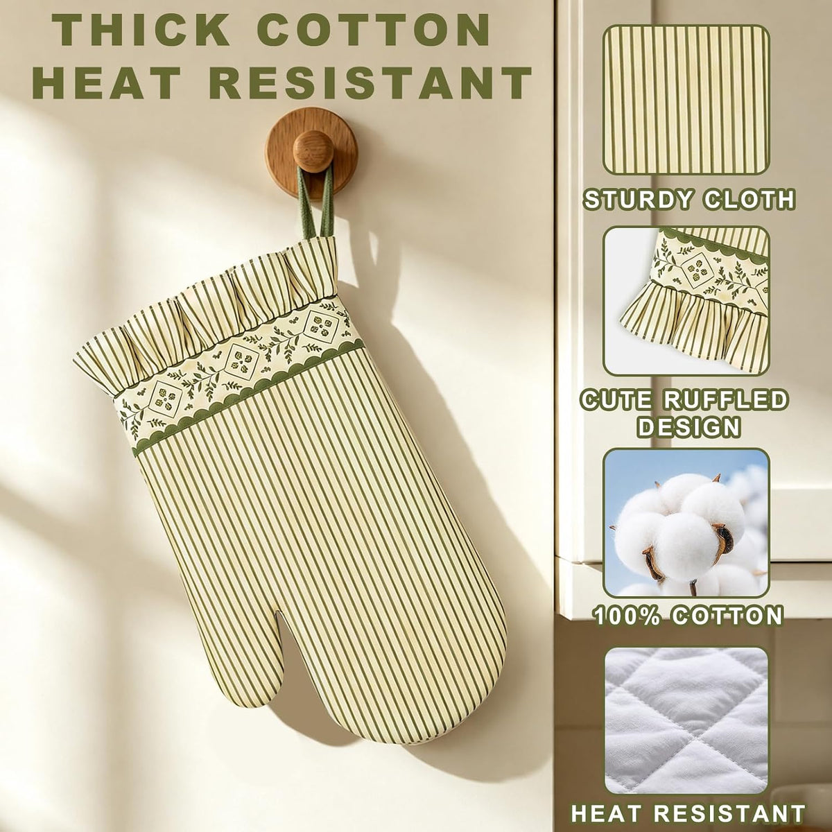 AnyDesign 2Pcs Vintage Stripe Greenery Oven Mitts, Beige Extended Short