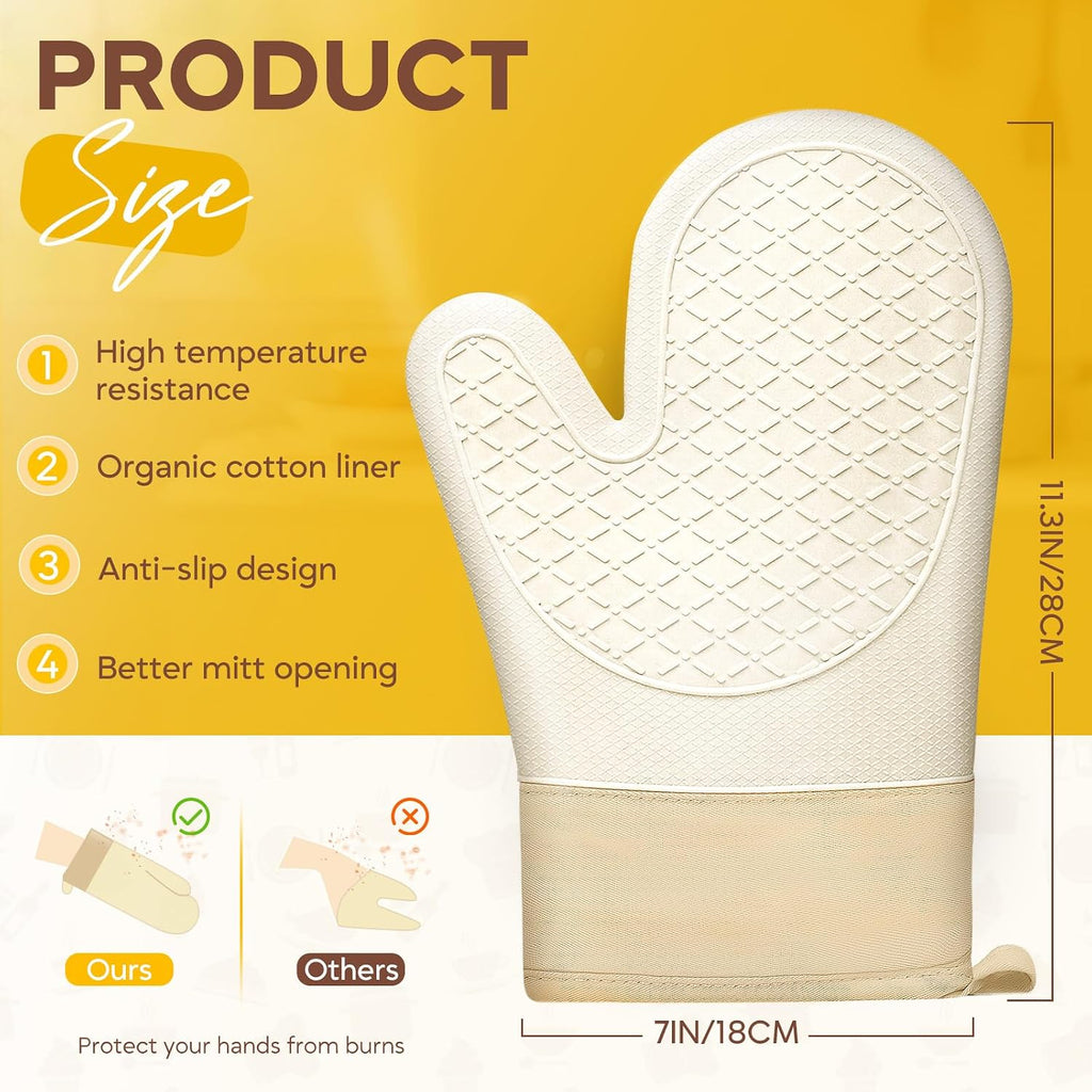 Silicone Oven Mitts 2 PCS, Heat Resistant Non-Slip Cotton Lining for Baking
