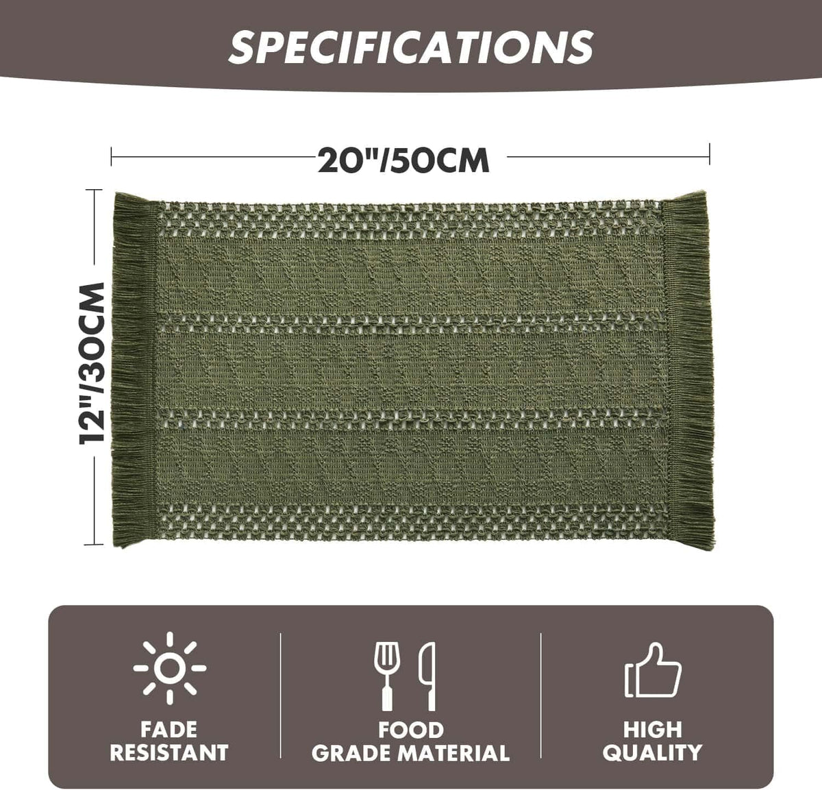 ZeeMart Macrame Style Boho Placemats Set of 4, Olive 12x20 Inch