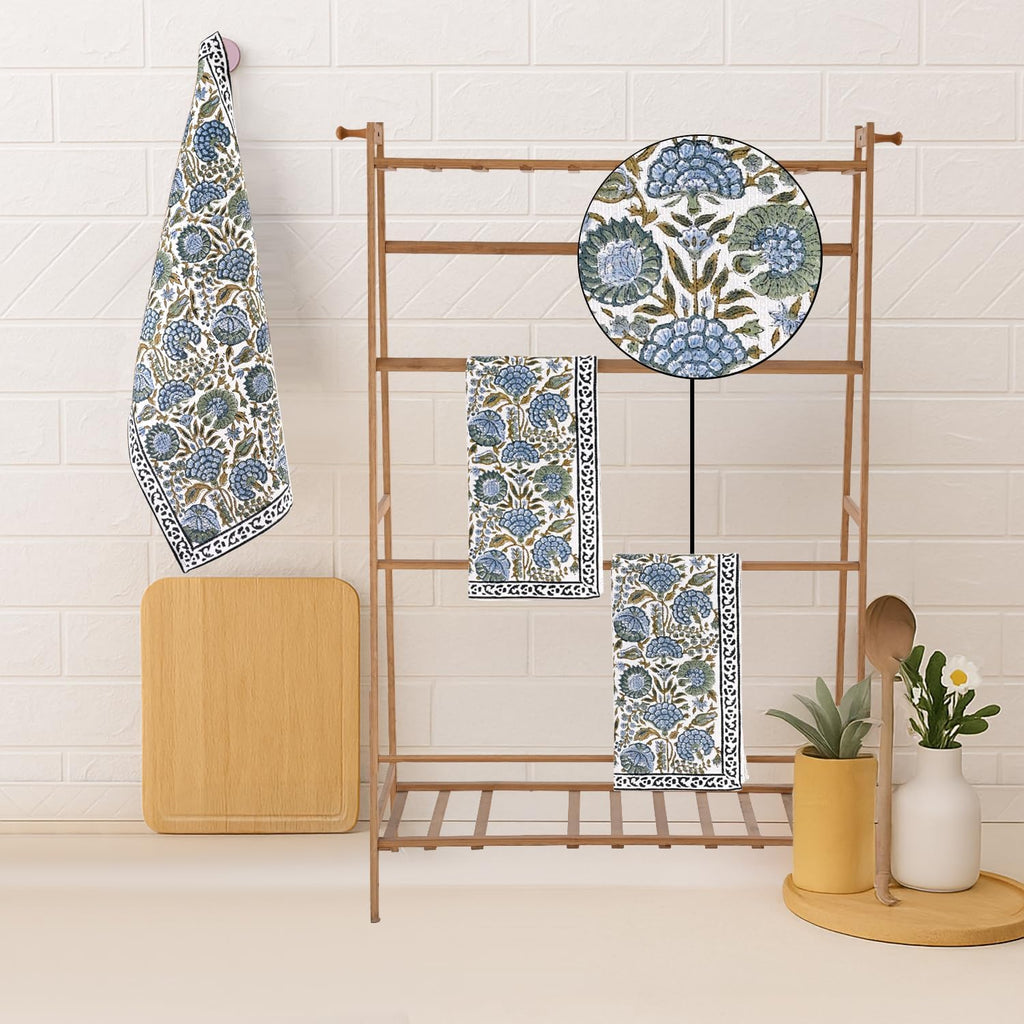 Ridhi Asparagus Green Hand Block Print Cotton Kitchen Towels, 16x28 Inch