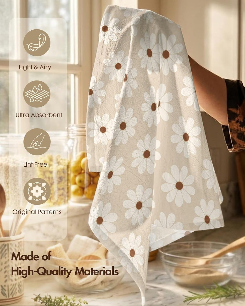 Miss Adola 2 Pack 150GSM Flour Sack Kitchen Towels, Beige Daisy