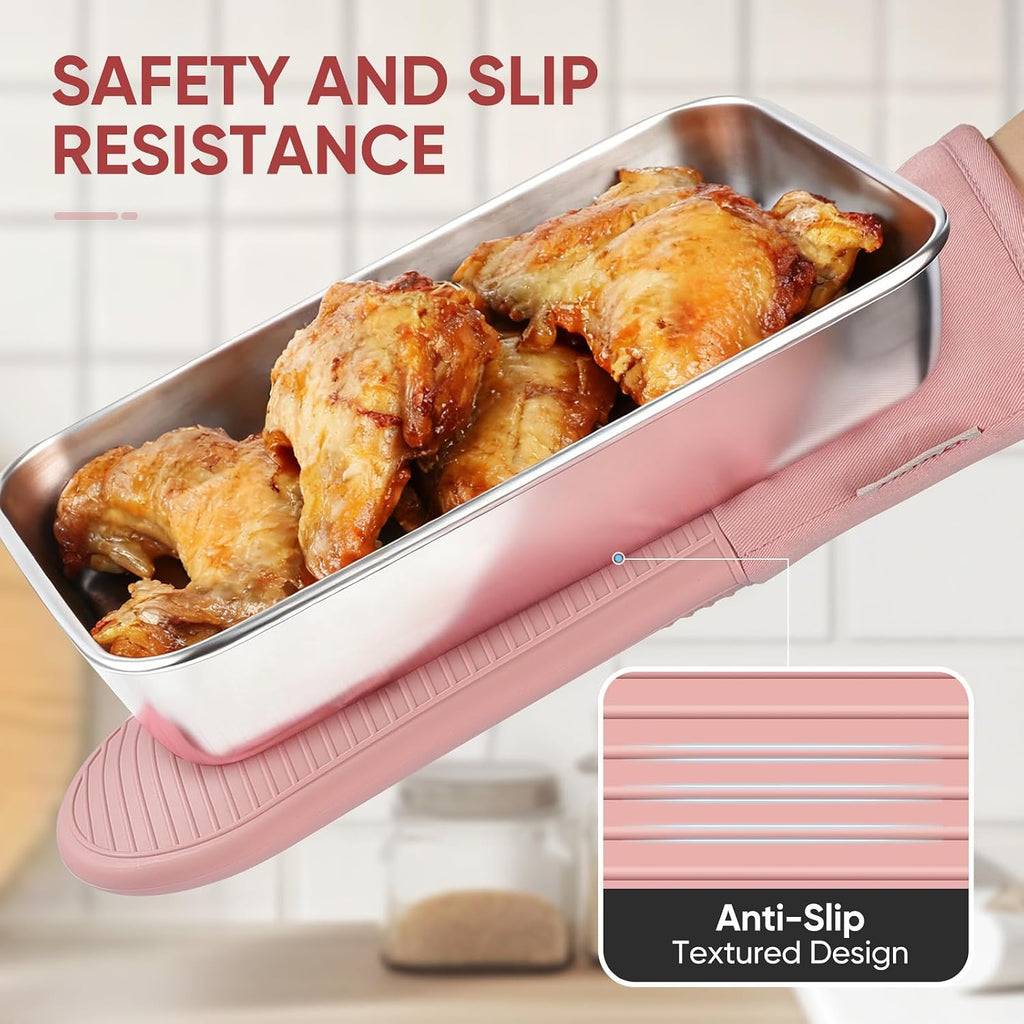 YUTAT Silicone Oven Mitts,High Heat Resistant Up to 500 Degrees,Waterproof Cooking Gloves with Soft Polyester Filling,Kitchen Potholder Set - Perfect for BBQ,Baking and Cooking,Pink,2 Pcs Set