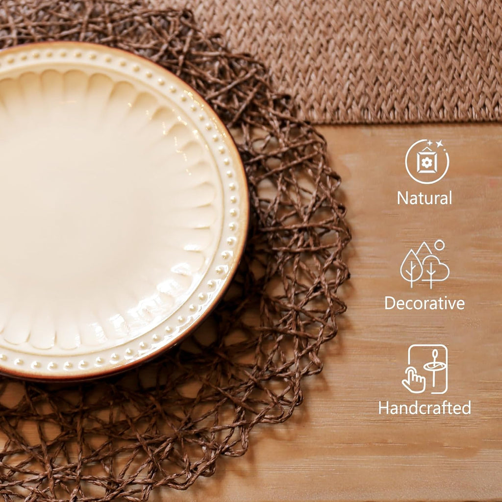 AHHFSMEI Paper Braided Round Placemats Set of 8 Natural Non-Slip Heat Resistant Table Mats for Dining Tables Woven Indoor & Outdoor Place mats(Coffee,8)