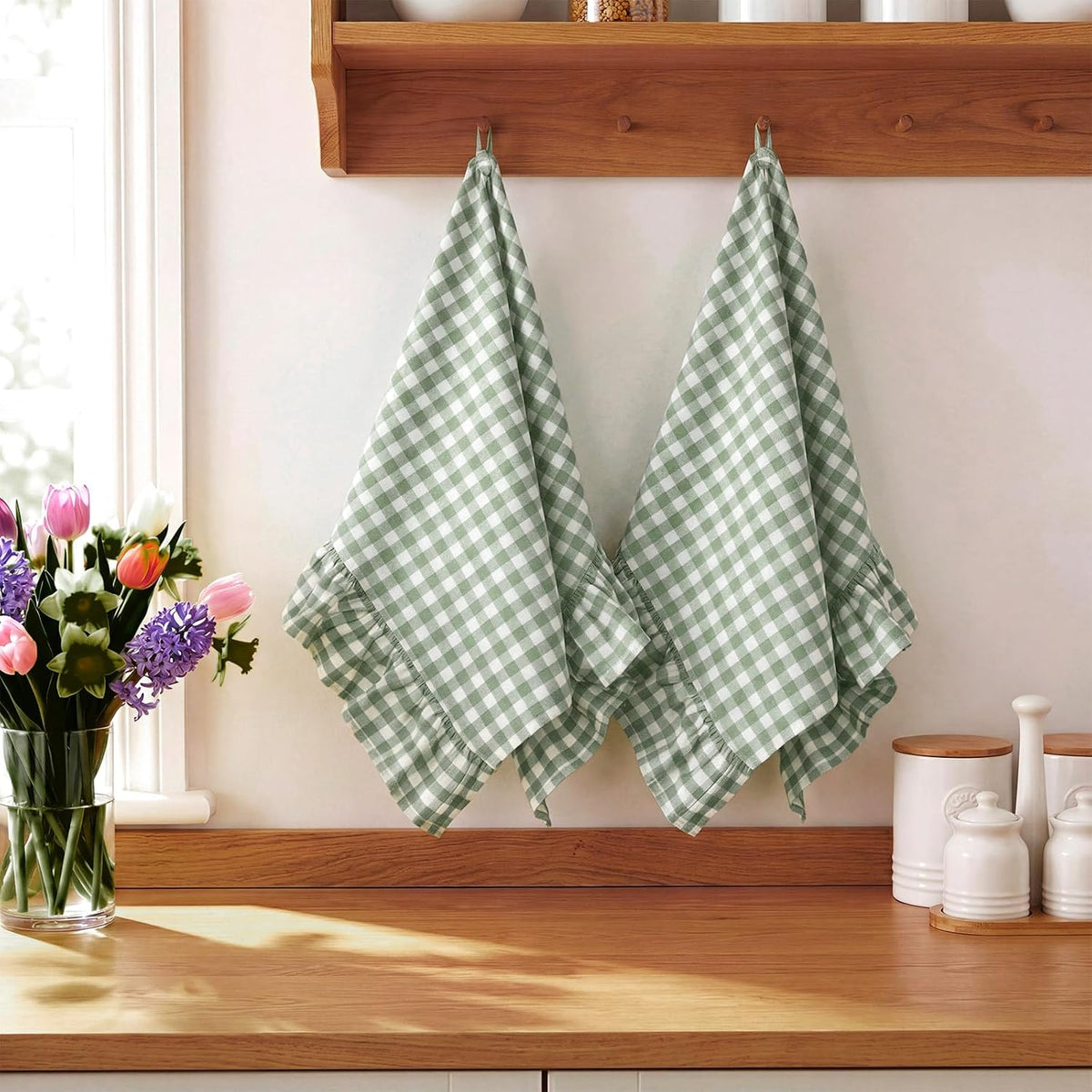 HunnmingRe 2 Pcs Green Gingham Kitchen Towels Cotton Ruffled