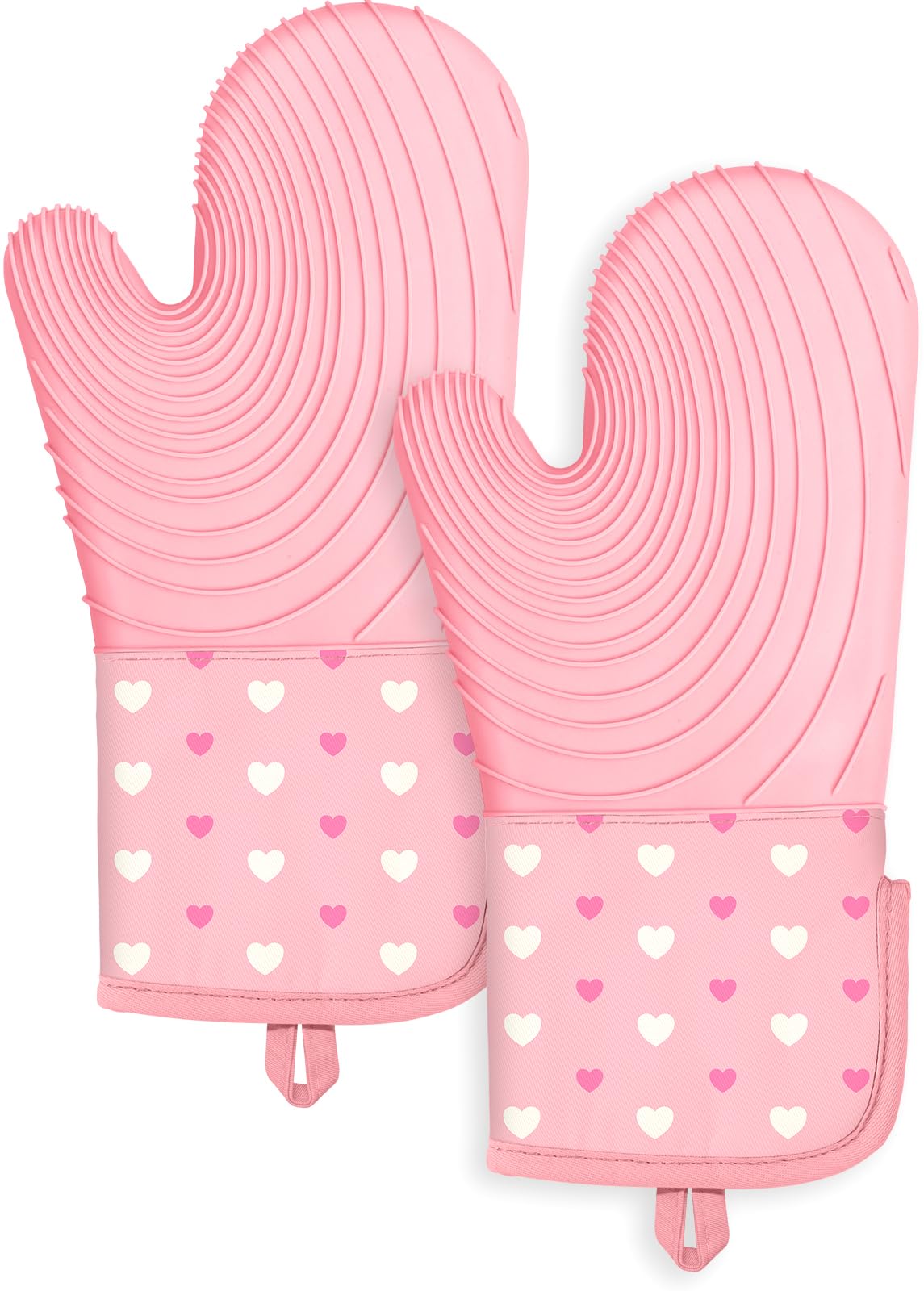 Slohif Long Silicone Oven Mitts Heat Resistant for Women - 2 Pcs Flowers 100% Cotton Oven Gloves, Non-Slip and Waterproof Silicone Oven Mitts with Hanger for Baking and Cooking