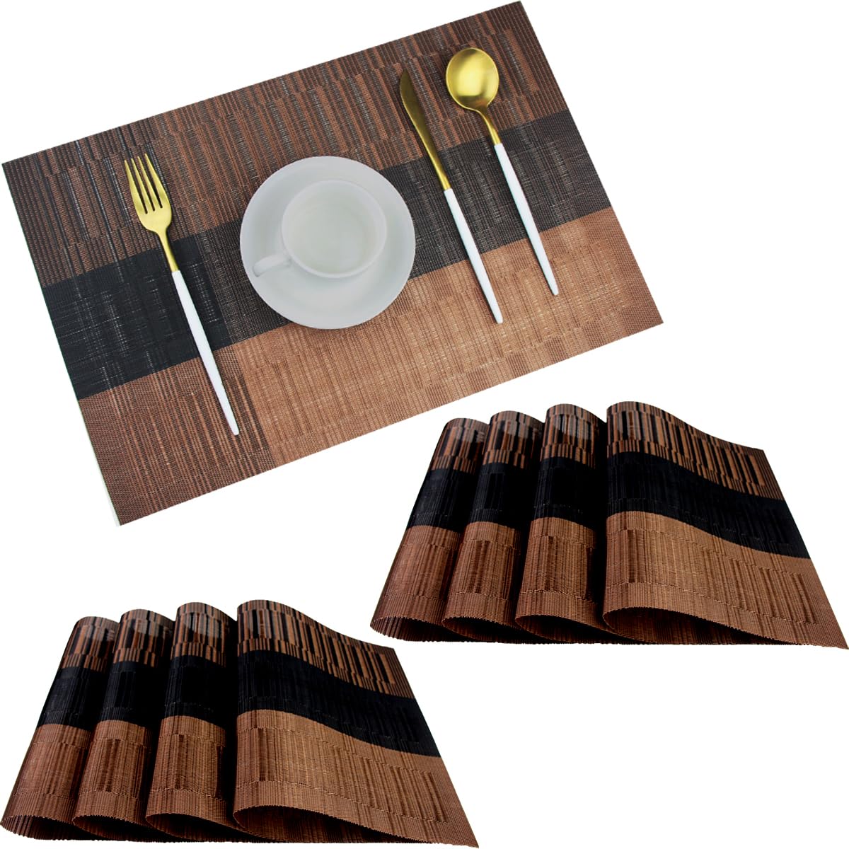 PIGCHCY Placemats,Washable Vinyl Woven Table Mats,Elegant Durable Placemats for Dining Table Set of 6 (Bamboo-Brown)