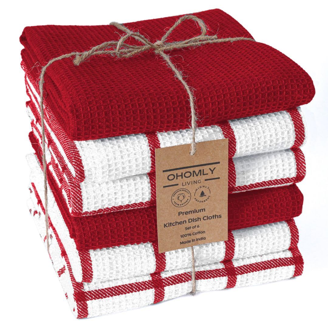 Assorted Waffle Kitchen Towels 100% Cotton Set of 6 - Heavy Duty 320 GSM Quality Dish Cloths Towel - Soft Absorbent Washable for Kitchen Use - Quick Drying Dish Towel 16x26 inch Grey