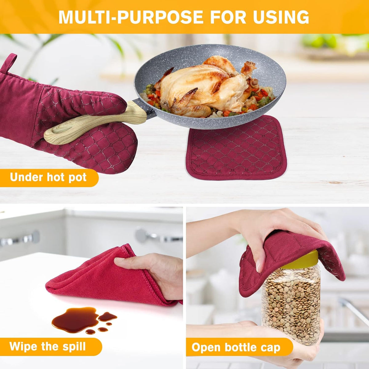 6 Pcs Oven Mitts and Pot Holders, 500℉ Heat Resistant Oven Mitts with Kitchen Towels Soft Cotton Lining and Non-Slip Silicone Surface Safe for Baking, Cooking, BBQ (Red)