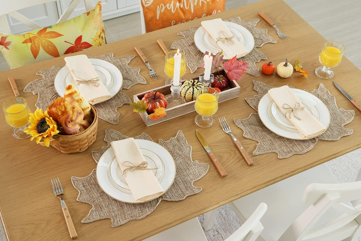 Feuille Fall Placemats Set of 4 – Leaf Placemats for Thanksgiving Harvest Natural Color Burlap, Polyester Autumn Placemats for Fall Decorations