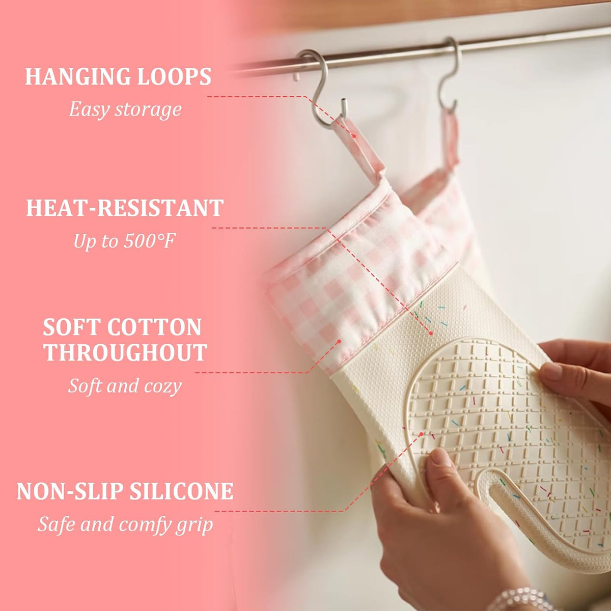 Wanheart Heat Resistant Silicone Oven Mitts, Pink Cooking Gloves, 2 Pack