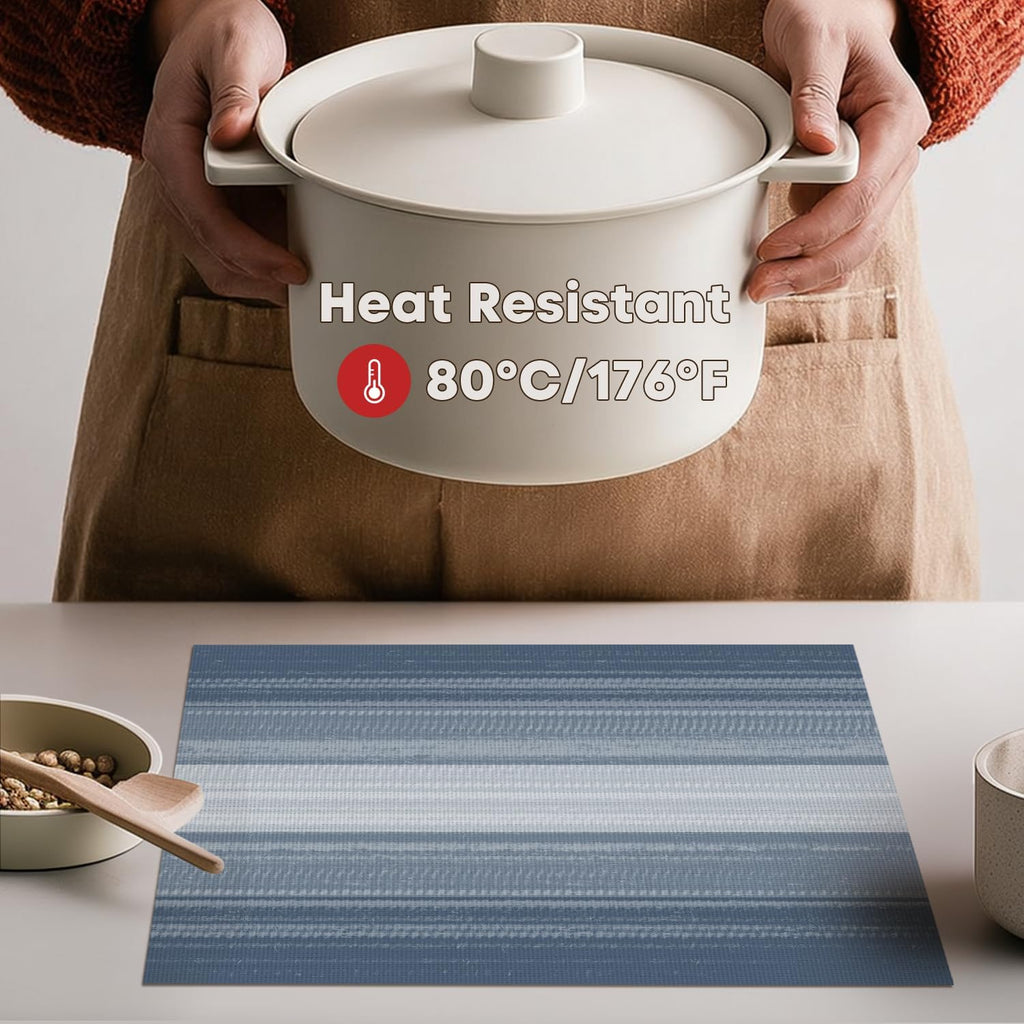 Artoid Mode Navy Blue Gradient Stripes Placemats Set of 4, Washable Heat Resistant Non-Slip Woven Plastic PVC Place Mats for Farmhouse Party Kitchen Dining Decor