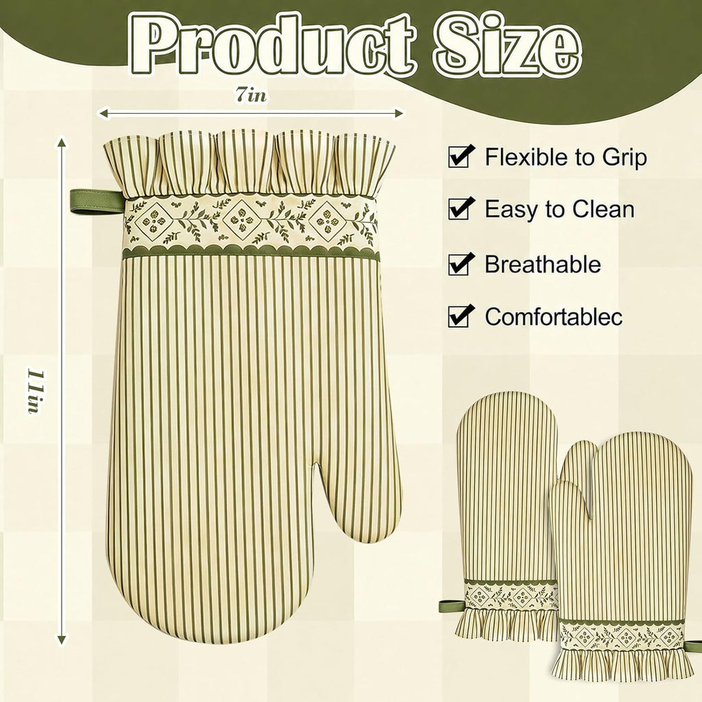 AnyDesign 2Pcs Vintage Stripe Greenery Oven Mitts, Beige Extended Short