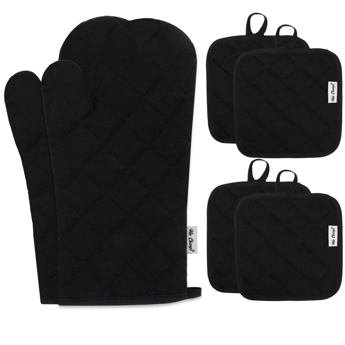 Oven Mitts and Pot Holders Sets,6 Pcs Oven Mitts and Potholders with Recycled Cotton High Heat Resistant Extra Thick Long Oven Mitts for Cooking(Black)