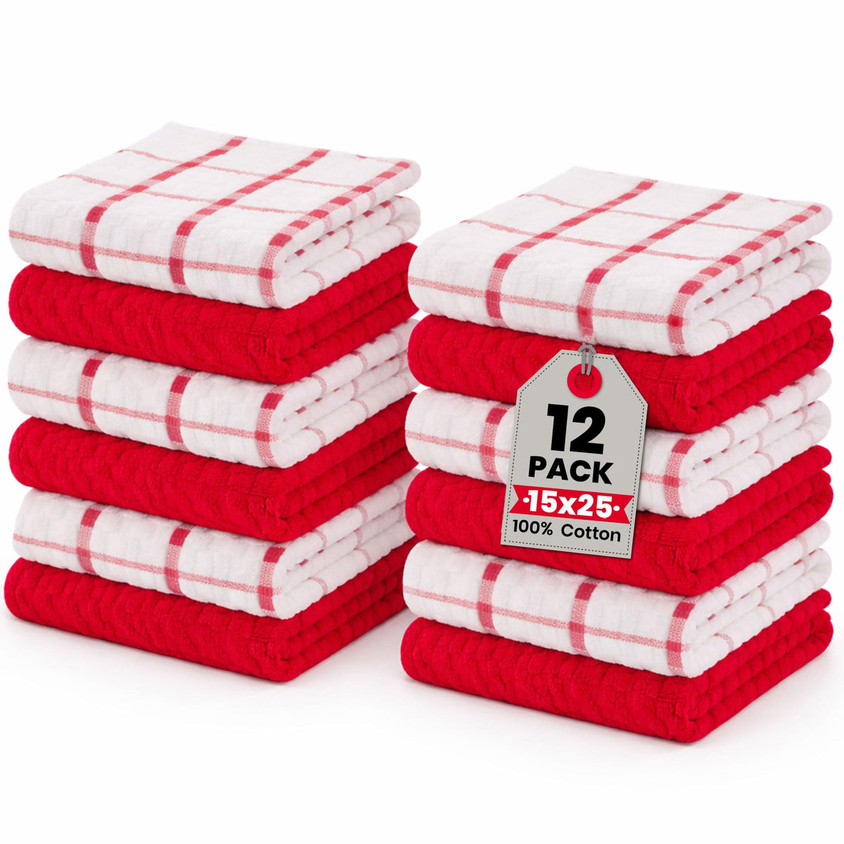 GOLD TEXTILES Kitchen Towels 12 Pack, Waffle Weave Cotton, 15x25in (Grey)