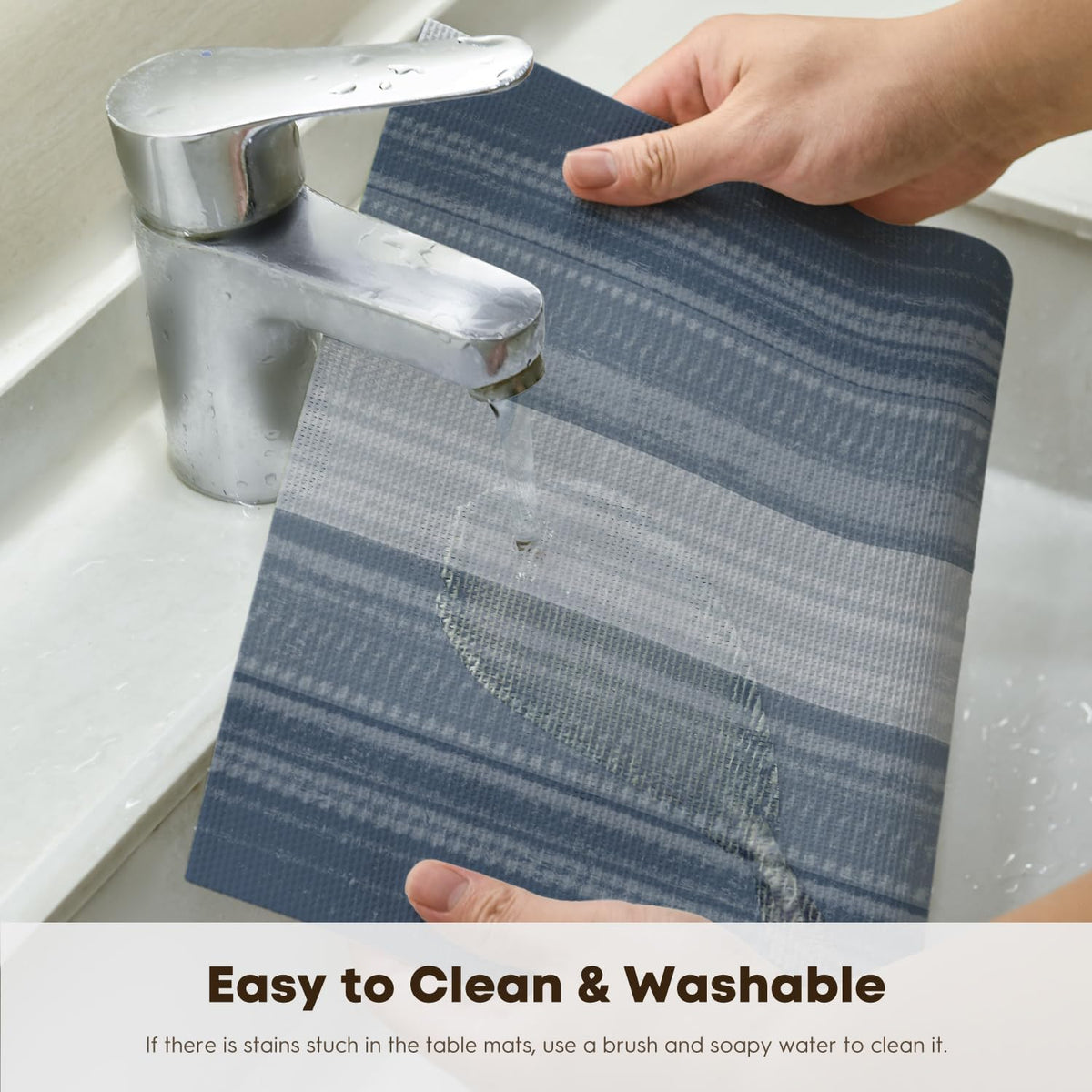 Artoid Mode Navy Blue Gradient Stripes Placemats Set of 4, Washable Heat Resistant Non-Slip Woven Plastic PVC Place Mats for Farmhouse Party Kitchen Dining Decor