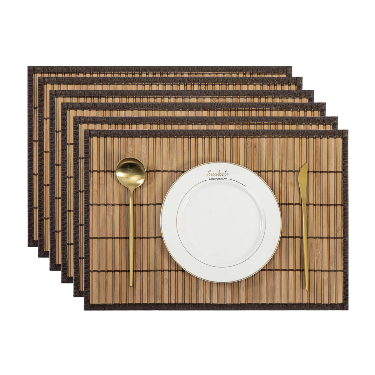 Bamboo Placemats Set of 4 with Fabric Border, Table Mats, Coffee