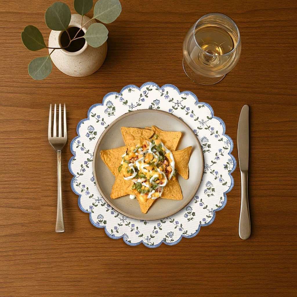 Ridhi Floral Block Print Round Placemats 15" in, Set of 4, Powder Blue